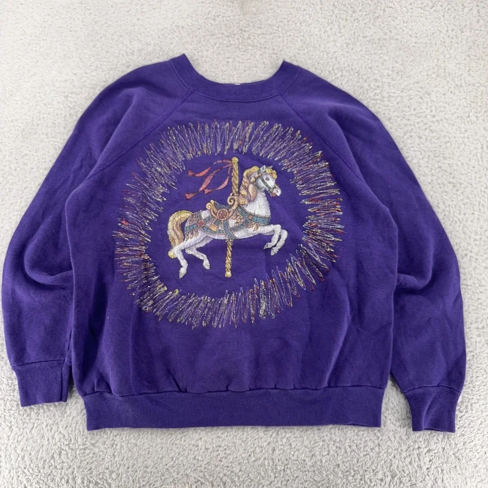 Vintage Carousel Horse Sweatshirt BOXY SHORT Medium Purple Crewneck 90s Made USA